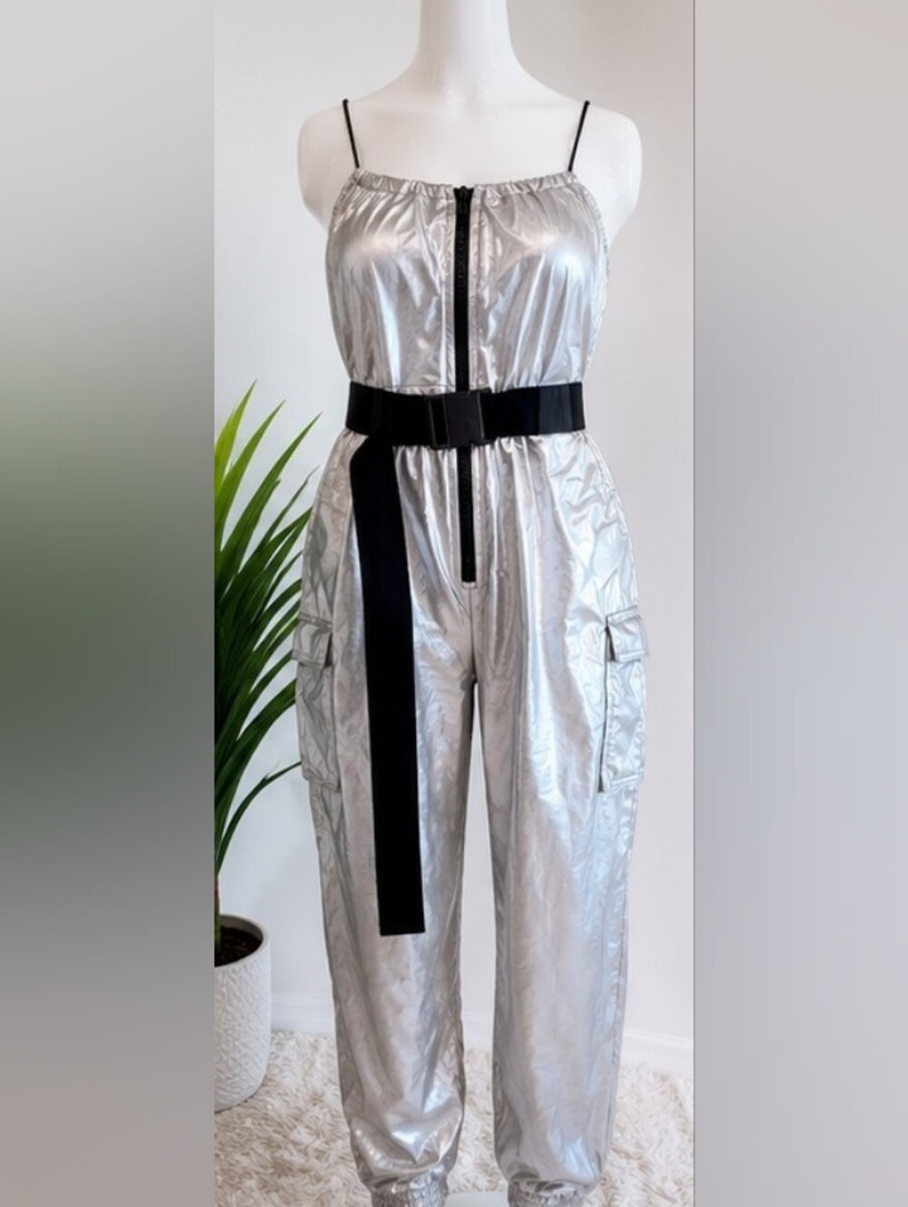 Hot & Delicious Metallic Silver Cargo Utility Jumpsuit with Belt | Size Small